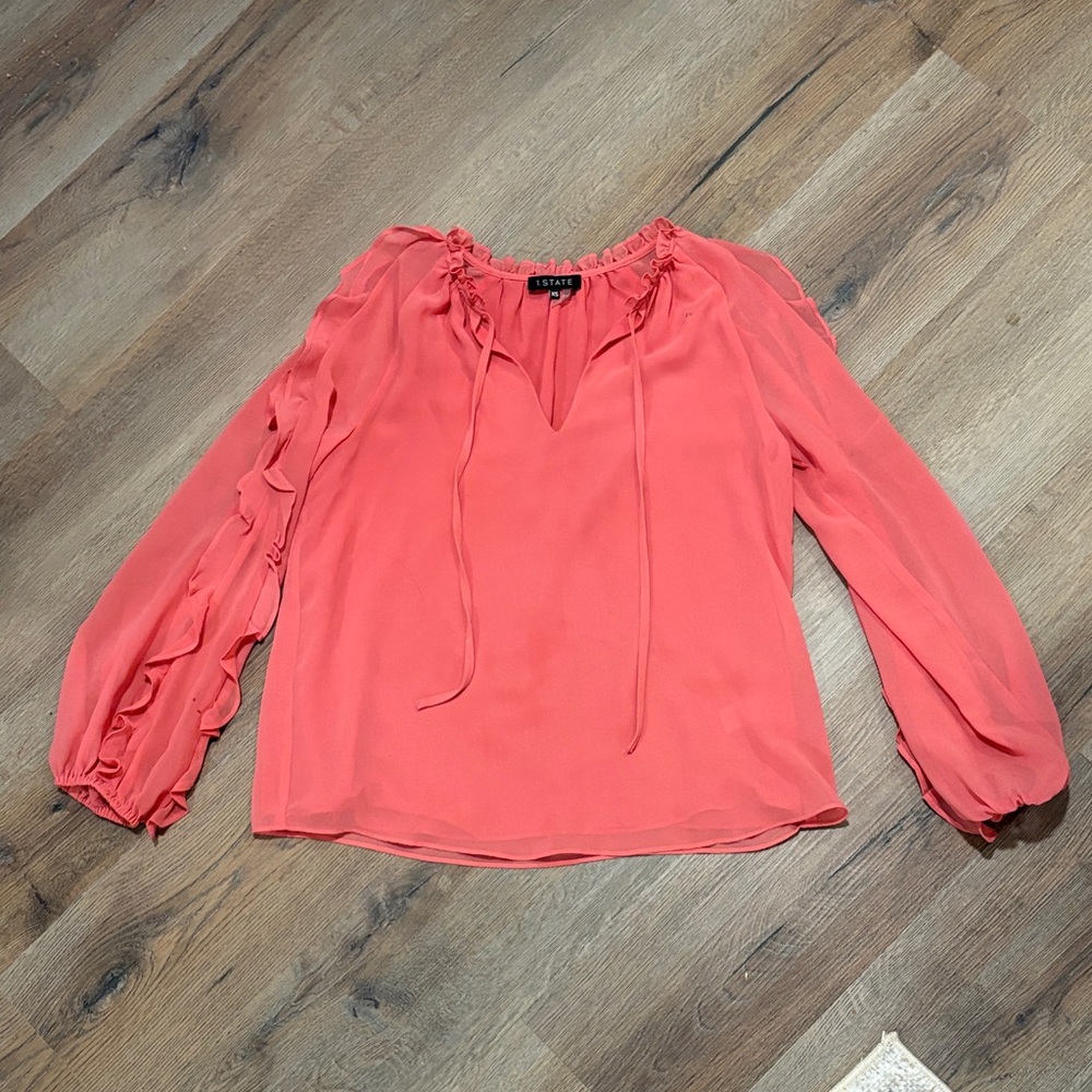 1.State Coral Blouse with Ruffle Details
